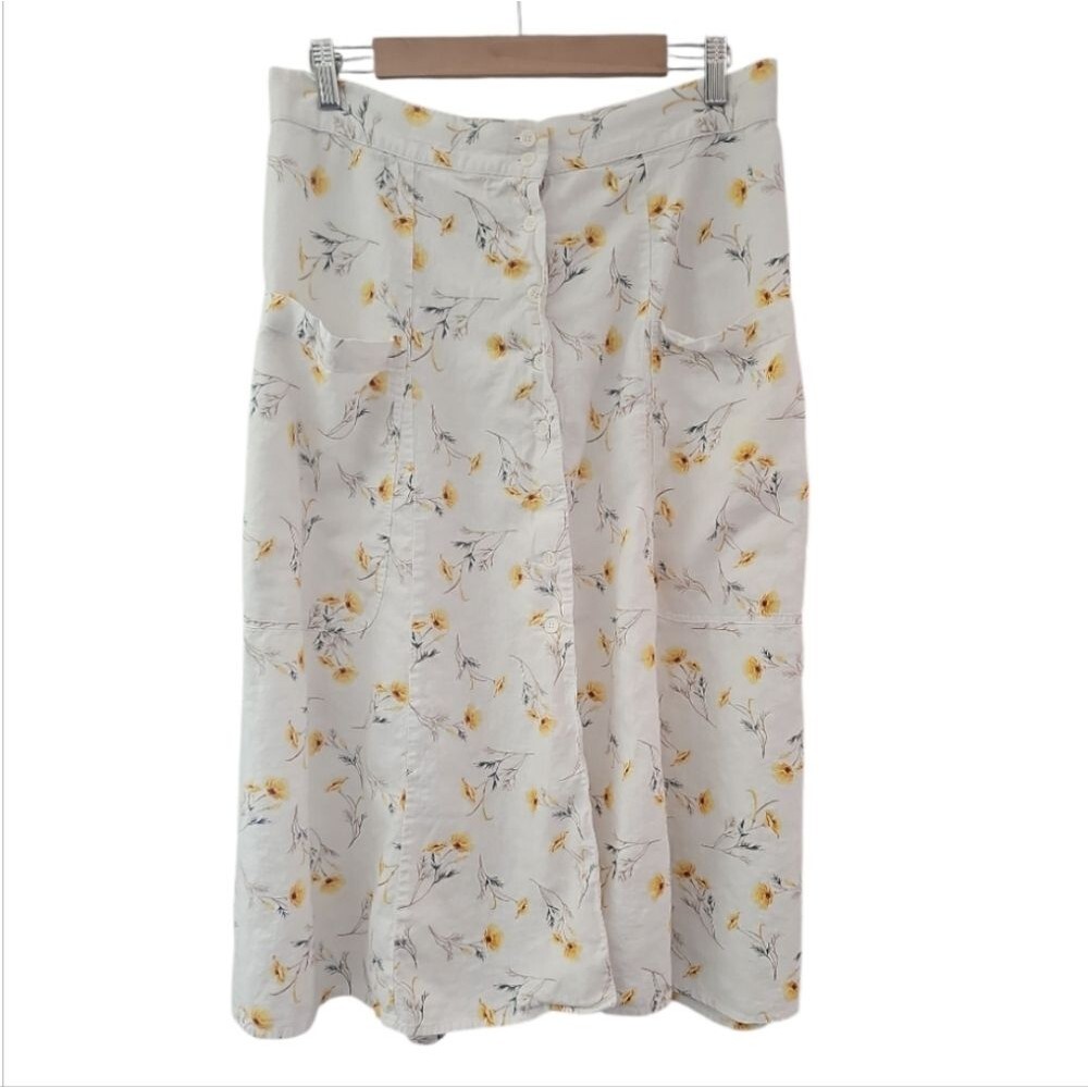 Happy Nature Linen Blend Floral Midi Skirt Women’s 14 Cottagecore Button Front